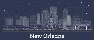 Beyaz binalarla New Orleans Louisiana şehrinin silueti. Vektör çizimi. Tarihi mimariyle iş seyahati ve turizm kavramı. New Orleans şehir simgeleriyle.