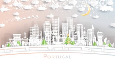 Portekiz. Kar taneleri, ay ve neon çelenklerle kağıt kesiği şeklinde ufuk çizgisi. Noel ve yeni yıl konsepti. Noel Baba kızakta. Portekiz şehir simgeleriyle.