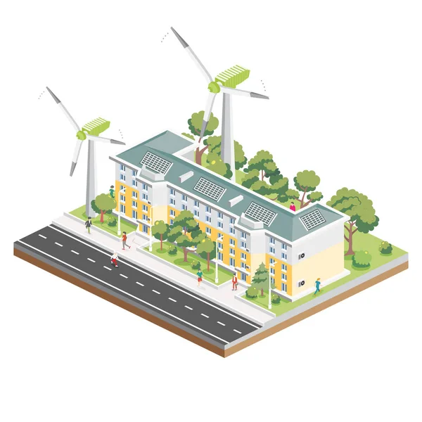 带有风力涡轮机的太阳能电池板的等距住宅五层楼 绿色环保屋 信息元素 病媒说明 白色背景下的城市建筑 — 图库矢量图片