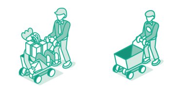 Arkadaş ve Hediye Kutusuyla Alışveriş Arabası İten Adam. Büyük Satış Simgesi. Süpermarket tramvayı. Özet olarak Isometric Concept. White 'ta izole edilmiş. E-ticaret ve online alışveriş. Komik Alıcılar.