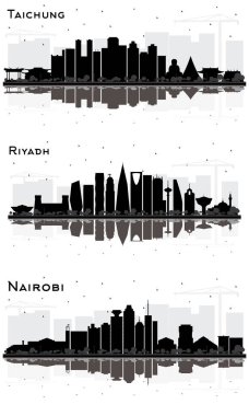 Riyad Suudi Arabistan, Nairobi Kenya ve Taichung Tayvan Şehri Skyline Silueti Beyaz Binalar ve Yansımalar Üzerine İzole Edilmiş.