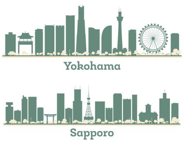 Soyut Sapporo ve Yokohama Japon Şehri Renkli Binalar ile Skyline seti. İllüzyon. Modern Mimariyle İş Seyahati ve Turizm Konsepti.