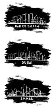 Dubai BAE, Amman Jordan ve Dar Es Salaam Tanzanya City Skyline Silhouette setleri. El çizimi çizimi. Modern Mimariyle İş Seyahati ve Turizm Konsepti.