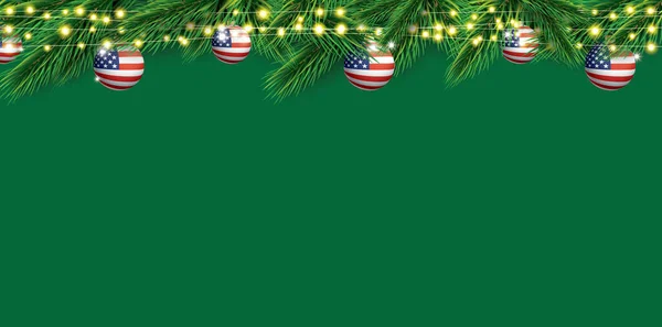 Christmas Border Fir Branches Balls Usa Flag Neon Garland Yellow — Stock Photo, Image