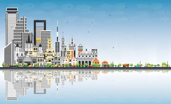 İspanya 'ya hoş geldiniz. Gray Binaları, Blue Sky ve Reflections ile City Skyline. Tarihsel Mimarlık. Şehir simgeleriyle İspanya şehri. Madrid mi? Barselona 'da. Valencia. Sevilla. Zaragoza.