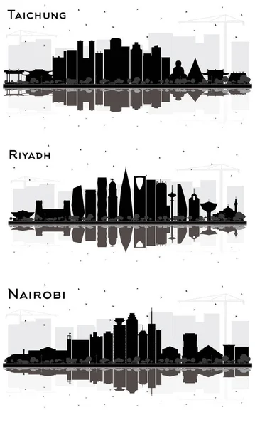 利雅得 内罗毕 肯尼亚和台中市天际线轮廓设置 黑色建筑和白色反射 — 图库照片