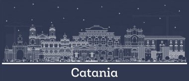 Catania Italya 'nın ana hatları beyaz binalarla çizilmiş. Vektör çizimi. Tarihi mimariyle iş seyahati ve turizm kavramı. Manzaralı Katanya şehir manzarası.