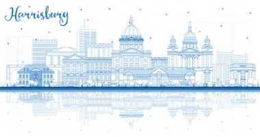 Harrisburg Pennsylvania şehir silueti mavi binalar ve yansımalarla. Vektör İllüstrasyonu. Harrisburg USA Cityscape 'in simgeleri. Modern mimariyle seyahat ve turizm kavramı.