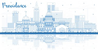 Providence Rhode Island City Skyline 'ın ana hatları. Mavi Binalar ve yansımaları var. Vektör İllüstrasyonu. Providence USA Cityscape ve Tarihi Eserler. Modern Mimariyle Seyahat ve Turizm Konsepti.
