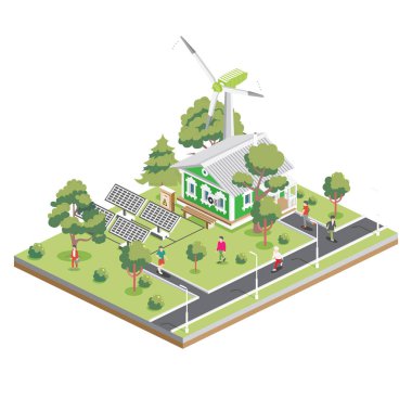 Banliyöde güneş panelleri ve rüzgar türbini olan Isometric Eski Evi. Eko Dost Evi. Infographic Element. Vektör İllüstrasyonu. Beyaz Arkaplan 'da şehir mimarisi izole edildi. Ekolojik olarak Temiz Şehir.
