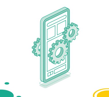 Akıllı telefon ve şanzıman tekeriyle ilgili ilginç bir kavram. Uygulama ayarları. Ayarlama simgesi. Vektör çizimi. Beyaz arkaplanda izole edilmiş 3D nesneleri özetle.