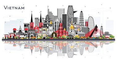 Vietnam şehrinin silueti gri binalar ve beyaza izole edilmiş yansımalarla dolu. Vektör çizimi. Turizm konsepti. Vietnam şehir simgeleriyle dolu. Hanoi. Ho Chi Minh. Haiphong. Da Nang.. 