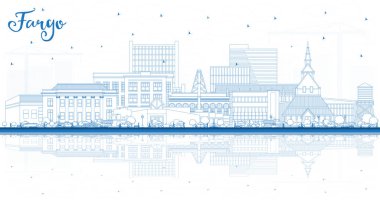 Mavi Binalar ve yansımalarla Fargo North Dakota City Skyline 'ın ana hatlarını çiz. Vektör İllüstrasyonu. Fargo USA Cityscape ve Tarihi Eserler. Modern Mimariyle İş Seyahati ve Turizm Konsepti.