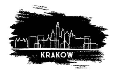 Krakow Polonya Şehri Skyline Silhouette. El çizimi çizimi. Modern Mimariyle İş Seyahatleri ve Turizm Konsepti. Vektör İllüstrasyonu. Tarihi İşaretli Krakow Şehir Manzarası.