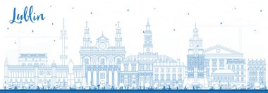 Lublin Polonya şehrinin ana hatları beyaz üzerine mavi binalarla çizilmiş. Vektör çizimi. Şehir simgeleriyle dolu Lublin şehri. Modern ve tarihi mimariyle iş seyahati ve turizm kavramı.