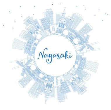 Ana hatlarıyla Nagasaki Japon Şehri Skyline, Mavi Binalar ve Kopya Uzayı. Vektör İllüstrasyonu. Nagasaki Şehri 'nin simgeleriyle. Tarihi Mimariyle İş Seyahati ve Turizm Konsepti.