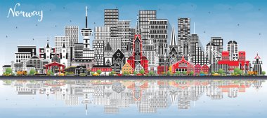 Norveç şehir silueti gri binalar, mavi gökyüzü ve yansımaları ile. Vektör çizimi. Tarihi, modern mimari kavramı. Kent simgeleriyle Norveç şehri. Oslo. Stavanger. Trondheim. Bergen.