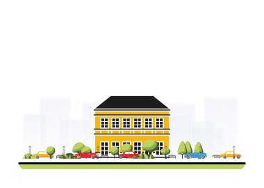 Eski sarı binalı, ağaçlı ve arabalı bir şehir bölgesi. Vektör çizimi. Şehir manzarası beyaz arka planda izole edilmiş. Şehir mimarisi. Eski Avrupa sokak mimarisi.