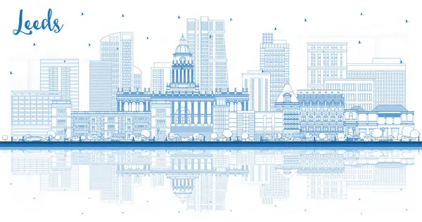 Outline Leeds City Skyline Blue Buildings Reflections Vector Illustration Leeds — Stock Vector