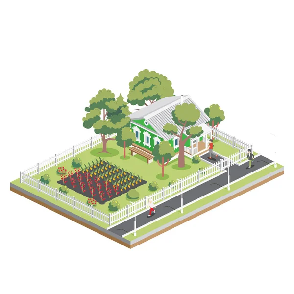 Casa Velha Isométrica Com Árvores Canteiros Horta Subúrbio Elemento Infográfico — Vetor de Stock