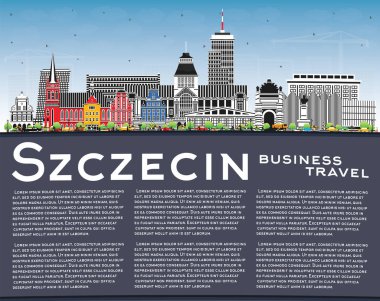 Szczecin Polonya şehir silueti renkli binalar, mavi gökyüzü ve kopyalama alanı ile. Vektör çizimi. Szczecin şehir simgeleriyle dolu. Modern ve tarihi mimariyle seyahat ve turizm kavramı.
