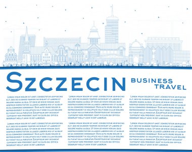 Szczecin Polonya şehir silueti mavi binalar ve kopyalama alanı ile. Vektör çizimi. Szczecin şehir simgeleriyle dolu. Modern ve tarihi mimariyle seyahat ve turizm kavramı.