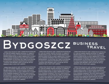 Bydgoszcz Polonya şehir silueti renkli binalar, mavi gökyüzü ve kopyalama alanı ile. Vektör çizimi. Bydgoszcz işaretli şehir manzarası. Modern ve tarihi mimariyle iş turizmi kavramı.