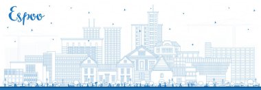 Espoo Finlandiya şehrinin mavi binalarla silueti. Vektör çizimi. Espoo şehir simgeleriyle dolu. Modern ve tarihi mimariyle iş seyahati ve turizm kavramı.