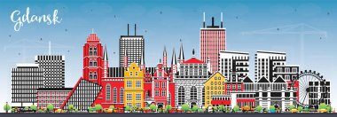 Renkli binalar ve mavi gökyüzü ile Gdansk Polonya şehir silueti. Vektör çizimi. Şehir simgeleriyle Gdansk şehri. Modern ve tarihi mimariyle iş seyahati ve turizm kavramı.