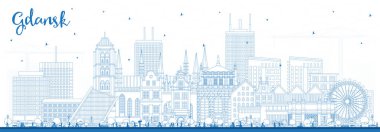 Gdansk Polonya şehir silueti mavi binalarla çizilmiş. Vektör çizimi. Şehir simgeleriyle Gdansk şehri. Modern ve tarihi mimariyle iş seyahati ve turizm kavramı.