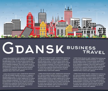 Gdansk Polonya şehir silueti renkli binalar, mavi gökyüzü ve kopyalama alanı ile. Vektör çizimi. Şehir simgeleriyle Gdansk şehri. Modern ve tarihi mimariyle iş ve turizm kavramı.