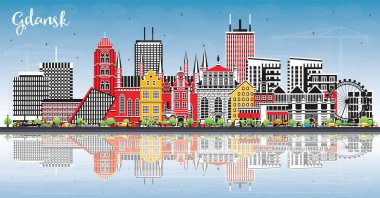 Gdansk Polonya şehir silueti renkli binalar, mavi gökyüzü ve yansımaları ile. Vektör çizimi. Şehir simgeleriyle Gdansk şehri. Modern ve tarihi mimariyle seyahat ve turizm kavramı.