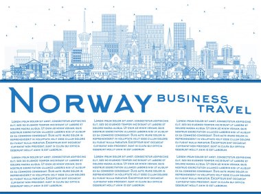 Norveç şehir silueti mavi binalar ve kopyalama alanlarıyla ana hatlarıyla çizilmiş. Vektör çizimi. Tarihi ve modern mimari kavramı. Kent simgeleriyle Norveç şehri. Oslo. Stavanger. Trondheim. Bergen.