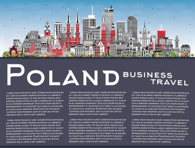 Gri Binaları, Mavi Gökyüzü ve kopyalama alanı olan Polonya Şehri Skyline. Vektör İllüstrasyonu. Modern Mimarlık kavramı. Polonya Şehir Manzarası 'nın simgeleri. Varşova. Krakow. Lodz. Yılan pençesi. Poznan..