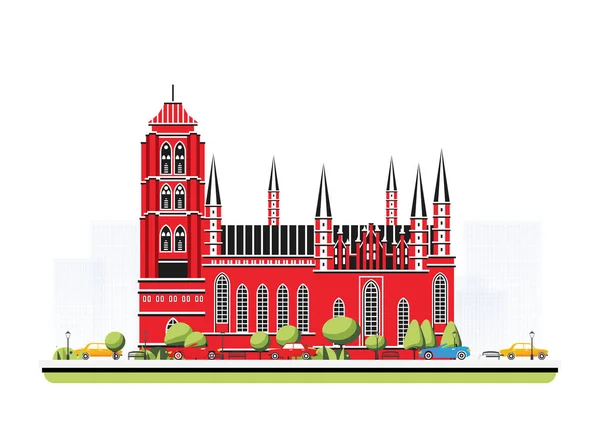 Old Red Cathedral Building Flat Style Trees Cars Vector Illustration — Stock Vector