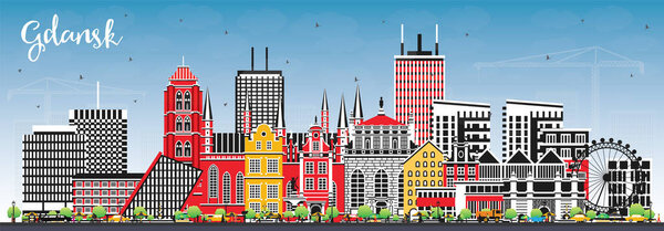 Gdansk Poland city skyline with color buildings and blue sky. Vector illustration. Gdansk cityscape with landmarks. Business travel and tourism concept with modern and historic architecture.