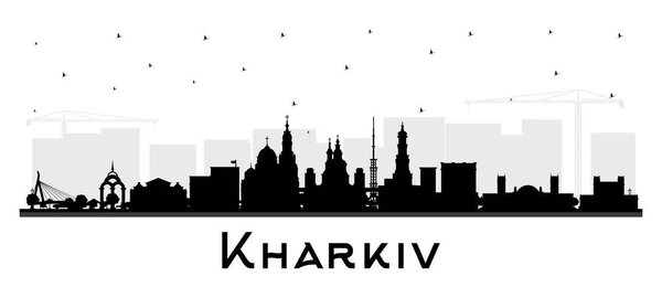 Kharkiv Ukraine City Skyline silhouette with black Buildings isolated on white. Vector Illustration. Kharkiv Cityscape with Landmarks. Business Travel and Tourism Concept with Historic Architecture.