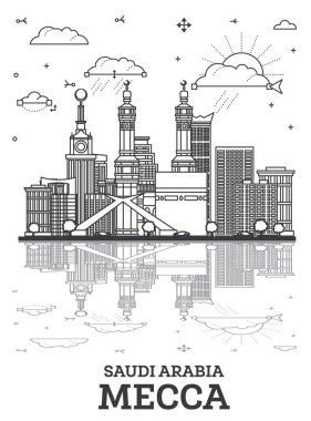 Ana hatlarıyla Mekke Suudi Arabistan şehri modern binalar ve beyaza izole edilmiş yansımalarla ufukta belirmektedir. Vektör çizimi. Mekke şehir simgeleriyle.