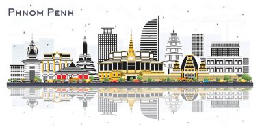 Renk Binaları ve Beyaz 'a izole edilmiş yansımaları olan Phnom Penh Kamboçya Şehri Skyline. Vektör İllüstrasyonu. Tarihi Mimariyle Turizm Konsepti. Simgeli Phnom Penh Şehir Manzarası. 