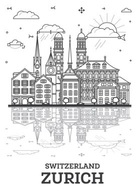 İsviçre 'nin Zürih şehrinin tarihi yapıları ve beyaza izole edilmiş yansımaları ile silueti. Vektör İllüstrasyonu. Tarihi Simgeli Zürih Şehir Manzarası.