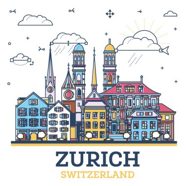 Renkli modern ve tarihi binaları beyaza izole edilmiş Zürih İsviçre Şehri Skyline hattı. Vektör İllüstrasyonu. Tarihi Simgeli Zürih Şehir Manzarası.