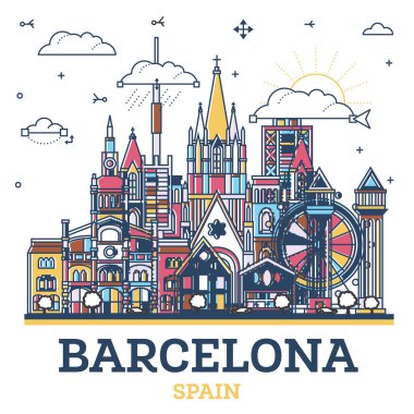 Barcelona 'nın ana hatları, beyaza izole edilmiş renkli Modern ve Tarihi Binalar ile İspanya Şehri Skyline. Vektör İllüstrasyonu. Simgeli Barcelona Şehir Manzarası.