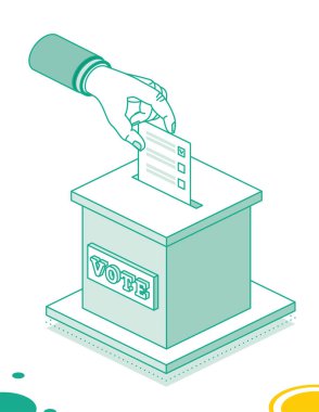 Oylama konsepti. El, oy sandığına ilan veriyor. Vektör çizimi. Beyaz arkaplanda izole edilmiş oy sandığıyla Isometric seçim konsepti.