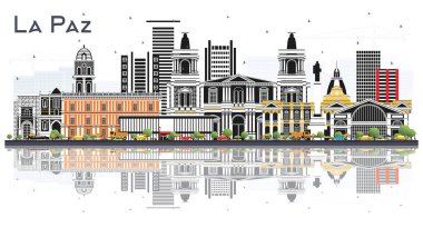 La Paz Bolivya Şehri Skyline Renk Binaları ve Beyaz 'a izole edilmiş yansımaları ile. Vektör İllüstrasyonu. Tarihi Mimariyle Seyahat ve Turizm Konsepti. Landmarks ile La Paz Şehir Manzarası.