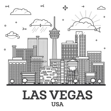 Las Vegas City Skyline ana hatlarıyla Modern ve Tarihi Binalar beyaza izole edilmiş. Vektör İllüstrasyonu. Las Vegas ABD Şehir Simgeleriyle.