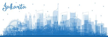 Blue Buildings ile Endonezya City Skyline 'ın ana hatları. Vektör İllüstrasyonu. Tarihi ve Modern Mimariyle İş Seyahat ve Turizm Konsepti. Tarihi yerleri olan Jakarta Şehir Manzarası.