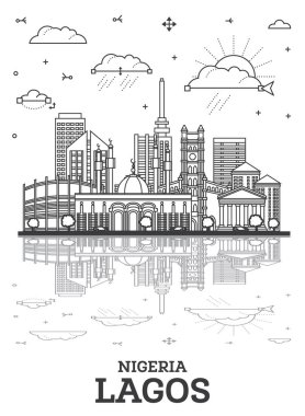Lagos City Skyline 'ın ana hatlarıyla Modern Binalar ve Beyaz Yansımalar. Vektör İllüstrasyonu. Landmarks ile Lagos Şehir Manzarası.