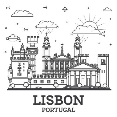Lizbon Portekiz şehrinin ana hatları beyaz üzerine izole edilmiş modern ve tarihi binalar. Vektör çizimi. Lizbon şehir simgeleriyle.