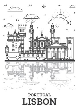 Lizbon 'un tarihi yapıları ve beyaza izole edilmiş yansımaları olan silueti. Vektör İllüstrasyonu. Tarihi Yer İmlerine sahip Lizbon Şehri.