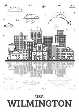 Wilmington Delaware 'in ana hatları ABD' nin Skyline 'ı ve Beyaz üzerine izole edilmiş tarihi yapılar ve yansımaları. Vektör İllüstrasyonu. Tarihi Simgeli Wilmington Şehri.